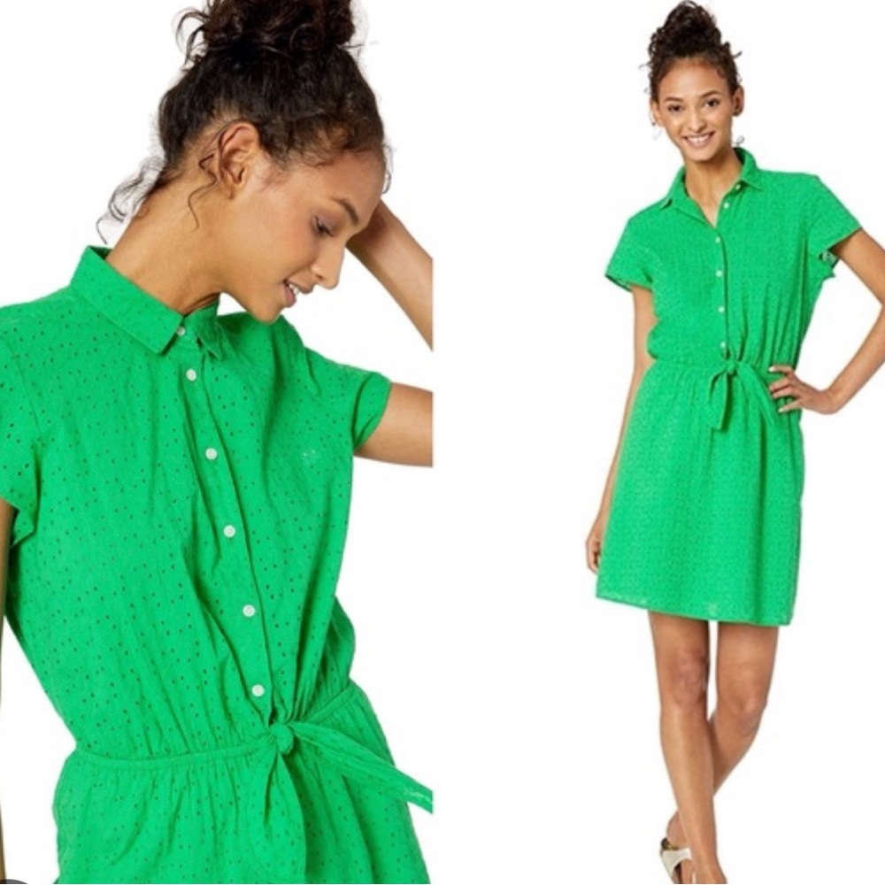 J CREW Mercantile L Dress Kelly Green Eyelet Collared Cotton summer